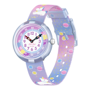Orologio Flik Flak Cuddly Unicorn FBNP213 con cassa azzurra/blu e cinturino tessile multicolore.