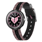 Load image into Gallery viewer, Orologio Flik Flak Cuoricino FPNP071 con cinturino rosa/nero glitterato e quadrante nero.
