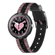 Orologio Flik Flak Cuoricino FPNP071 con cinturino rosa/nero glitterato e quadrante nero.