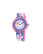 Load image into Gallery viewer, Orologio Flik Flak Cutie Kitty FPNP162 con quadrante rosa multicolore e cassa viola in plastica biobased.
