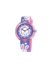 Orologio Flik Flak Cutie Kitty FPNP162 con quadrante rosa multicolore e cassa viola in plastica biobased.