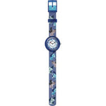 Load image into Gallery viewer, Dettaglio del cinturino tessile PET riciclato azzurro/blu con chiusura a fibbia.
