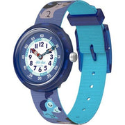 Orologio Flik Flak Cutie Puppy FBNP237 con cassa trasparente e quadrante azzurro/blu.