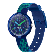 Orologio Flik Flak Cyberozaurus FPNP135 con cassa trasparente blu e cinturino fantasia