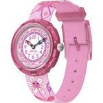 Load image into Gallery viewer, Orologio Flik Flak DC Hello Kitty Batgirl FLNP016 con quadrante nero e dettagli colorati.

