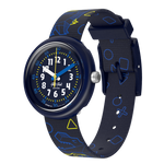Load image into Gallery viewer, Orologio Flik Flak Dino Diner FPNP176 con cassa blu in plastica biobased e quadrante blu scuro.
