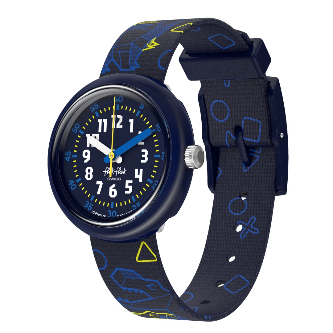 Orologio Flik Flak Dino Diner FPNP176 con cassa blu in plastica biobased e quadrante blu scuro.