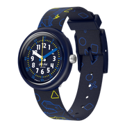 Orologio Flik Flak Dino Diner FPNP176 con cassa blu in plastica biobased e quadrante blu scuro.