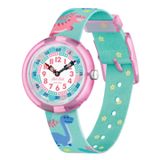 Orologio Flik Flak Dino Party FBNP212 con quadrante multicolore e dinosauri sorridenti.