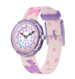 Load image into Gallery viewer, Orologio Flik Flak Dinology FBNP230 con quadrante bianco e rosa decorato con dinosauri.
