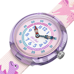 Load image into Gallery viewer, Dettaglio del cinturino tessile rosa in PET riciclato con fantasia dinosauri.
