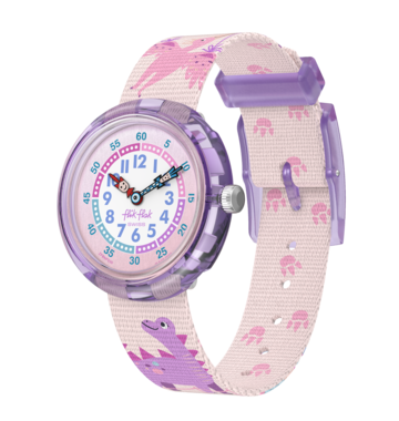 Orologio Flik Flak Dinology FBNP230 con quadrante bianco e rosa decorato con dinosauri.