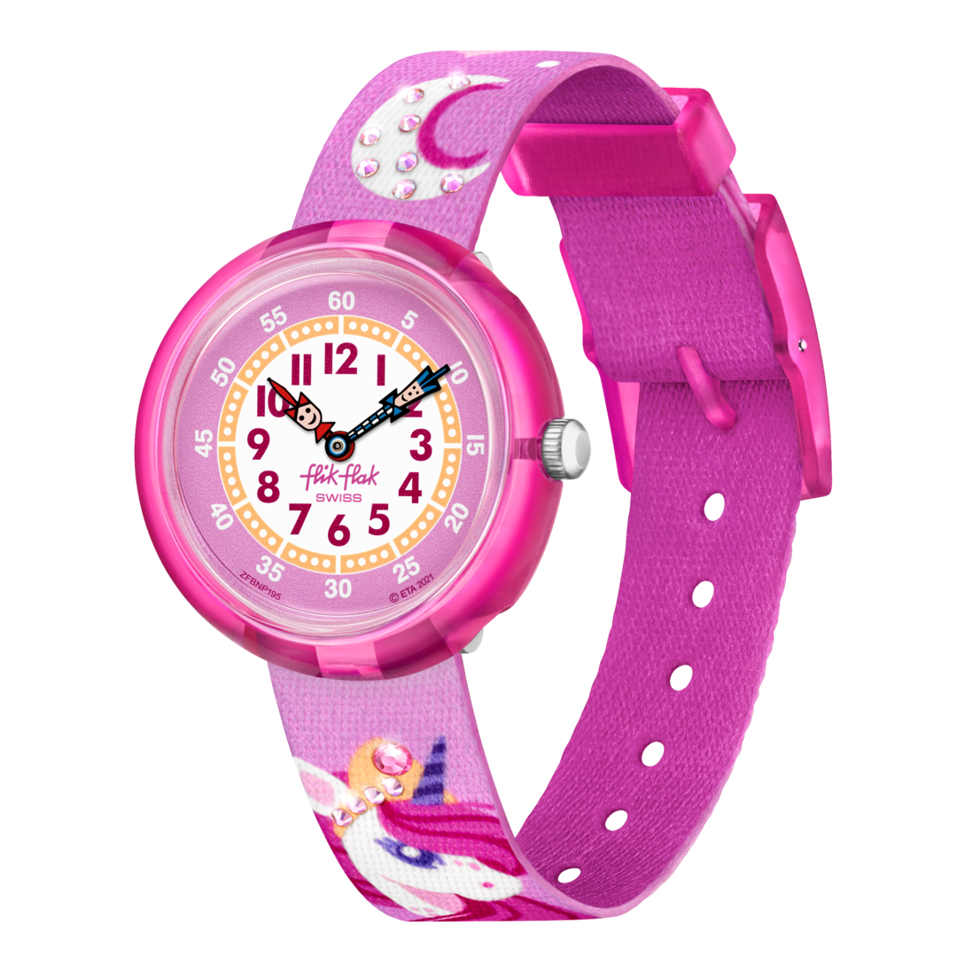 Orologio Flik Flak Dreaming Unicorn FBNP195 con cassa rosa in plastica biologica e cinturino viola con unicorni.
