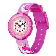 Orologio Flik Flak Dreaming Unicorn FBNP195 con cassa rosa in plastica biologica e cinturino viola con unicorni.
