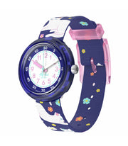 Orologio Flik Flak Fancy Cat FPNP164 con cassa girevole blu in bioplastica e quadrante multicolore.