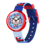 Load image into Gallery viewer, Orologio Flik Flak Firetruck FBNP160 con cassa rossa in resina e cinturino tessile azzurro/blu.
