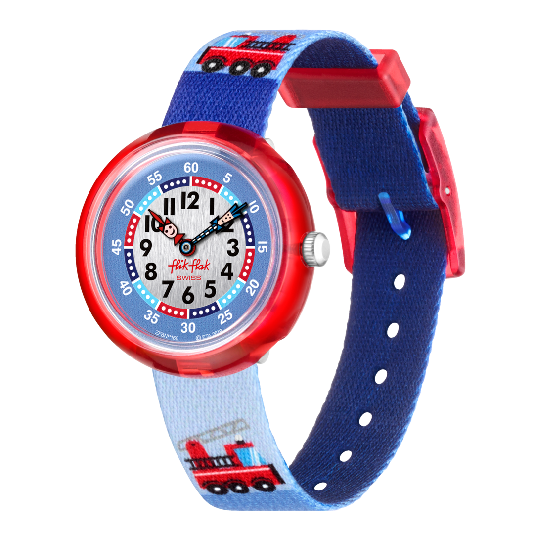 Orologio Flik Flak Firetruck FBNP160 con cassa rossa in resina e cinturino tessile azzurro/blu.