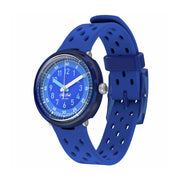 Orologio Flik Flak Fizz in Blue FCNP002 con cassa blu e quadrante blu con lancette luminose.