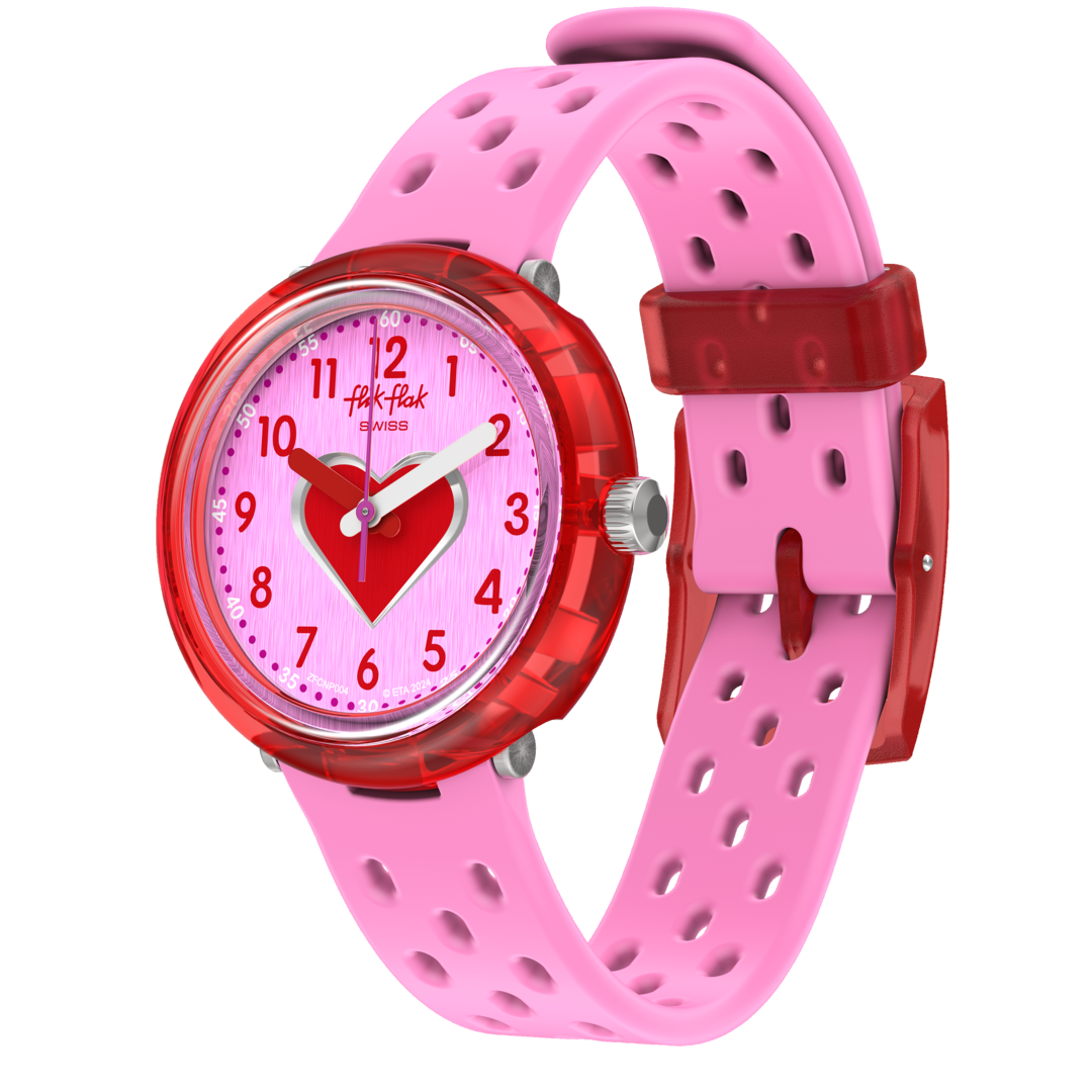 Orologio Flik Flak Fizz in Pink FCNP004 con cassa rosa e quadrante rosa con cuore rosso.