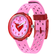 Orologio Flik Flak Fizz in Pink FCNP004 con cassa rosa e quadrante rosa con cuore rosso.