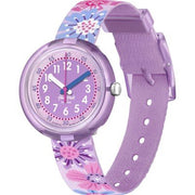 Orologio Flik Flak Flower Chaos FPNP149 con quadrante viola e cinturino tessile viola floreale.