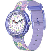 Orologio Flik Flak Flower Fields FBNP240 con cassa viola in plastica biobased e quadrante bianco.