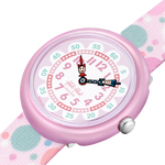 Load image into Gallery viewer, Dettaglio del cinturino rosa in tessuto PET riciclato con motivi di palloncini.
