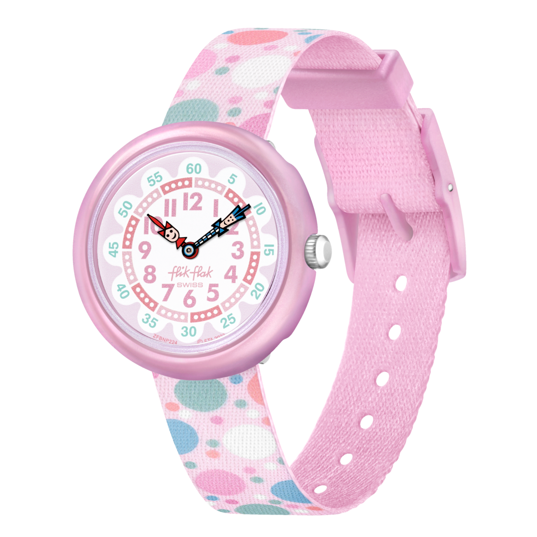 Orologio Flik Flak Flying Bubbles FBNP224 con quadrante rosa e bolle volanti.