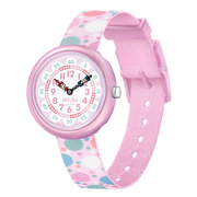 Orologio Flik Flak Flying Bubbles FBNP224 con quadrante rosa e bolle volanti.