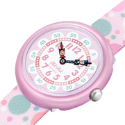 Dettaglio del cinturino rosa in tessuto PET riciclato con motivi di palloncini.