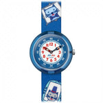 Load image into Gallery viewer, Orologio Flik Flak Framous Pets FBNP101 con quadrante bianco e cinturino blu decorato con animali colorati
