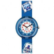Orologio Flik Flak Framous Pets FBNP101 con quadrante bianco e cinturino blu decorato con animali colorati