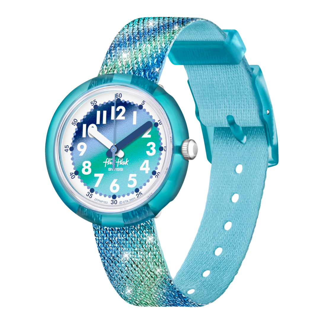 Orologio Flik Flak Frozen Rainbow FPNP153 con quadrante blu-verde sfumato e cinturino tessile glitterato.