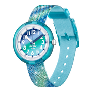 Orologio Flik Flak Frozen Rainbow FPNP153 con quadrante blu-verde sfumato e cinturino tessile glitterato.