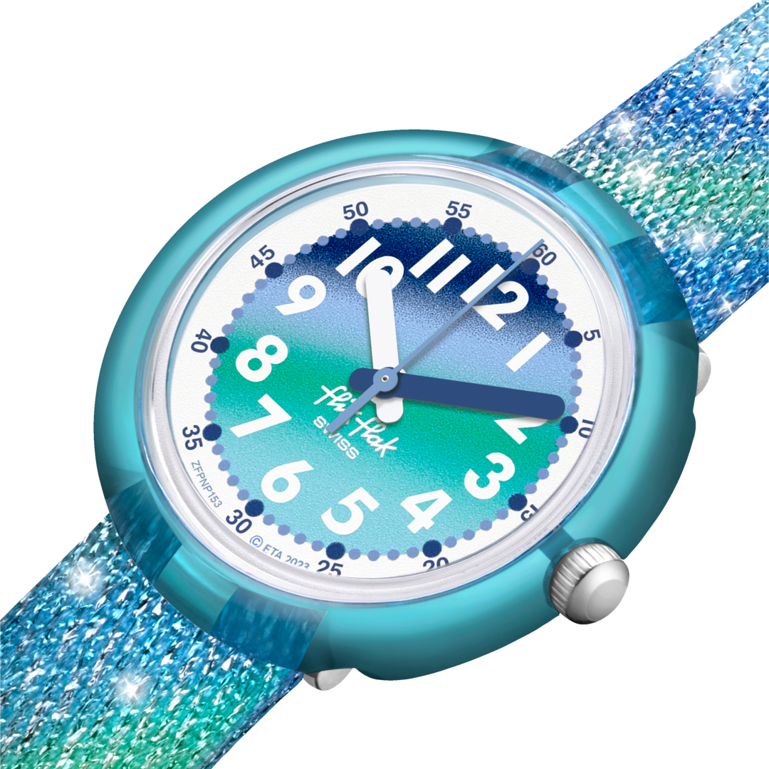 Dettaglio del cinturino tessile PET riciclato blu-verde con glitter.