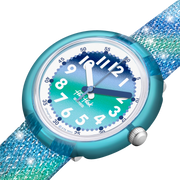 Dettaglio del cinturino tessile PET riciclato blu-verde con glitter.