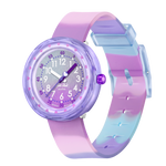 Load image into Gallery viewer, Orologio Flik Flak Fuze In Purple FCSP131 con cassa rosa lilla in plastica e cinturino in silicone viola.
