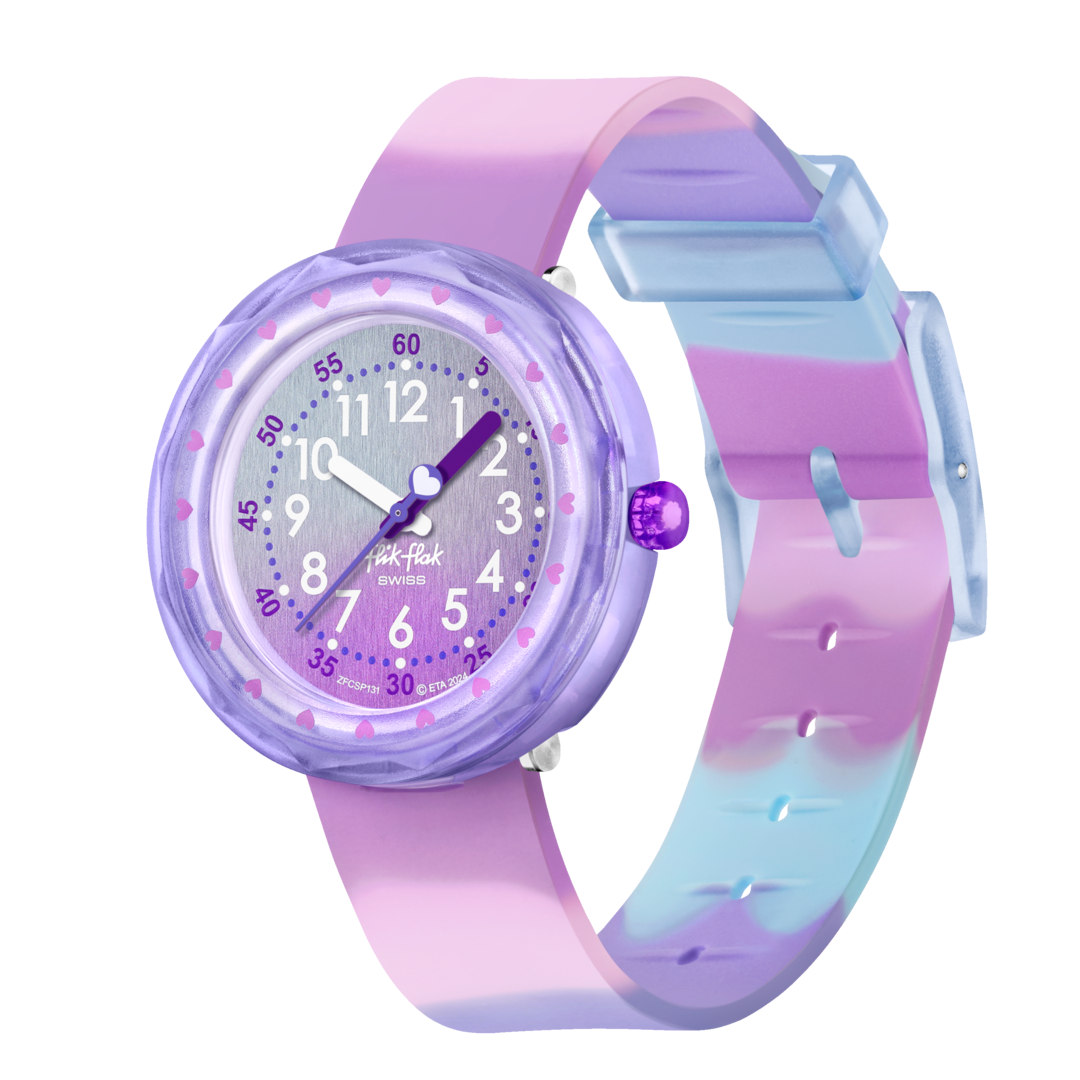 Orologio Flik Flak Fuze In Purple FCSP131 con cassa rosa lilla in plastica e cinturino in silicone viola.