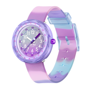 Orologio Flik Flak Fuze In Purple FCSP131 con cassa rosa lilla in plastica e cinturino in silicone viola.