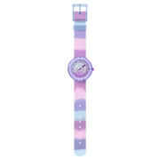 Dettaglio quadrante multicolore con numeri e lancette colorate per bambini.