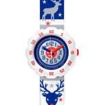 Load image into Gallery viewer, Orologio Flik Flak Jul Strikk FTSP001 con cinturino tessile azzurro e motivo invernale.
