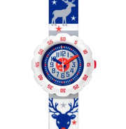 Orologio Flik Flak Jul Strikk FTSP001 con cinturino tessile azzurro e motivo invernale.