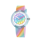 Load image into Gallery viewer, Orologio Flik Flak Liquid Rainbow FPNP152 con quadrante arcobaleno e cinturino tessile multicolore.
