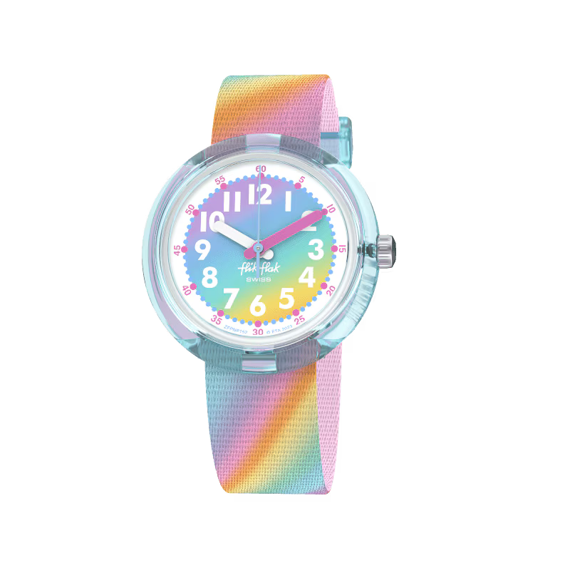 Orologio Flik Flak Liquid Rainbow FPNP152 con quadrante arcobaleno e cinturino tessile multicolore.