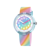 Orologio Flik Flak Liquid Rainbow FPNP152 con quadrante arcobaleno e cinturino tessile multicolore.