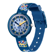 Orologio Flik Flak Lover of Dragons FPNP125 con cinturino blu notte e decorazioni di draghi.