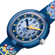 Dettaglio del quadrante blu con motivi di castelli e draghi del Flik Flak Lover of Dragons.