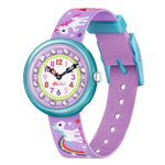Load image into Gallery viewer, Orologio Flik Flak Magical Unicorns FBNP033 con quadrante lilla e unicorni colorati.
