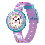 Orologio Flik Flak Magical Unicorns FBNP033 con quadrante lilla e unicorni colorati.