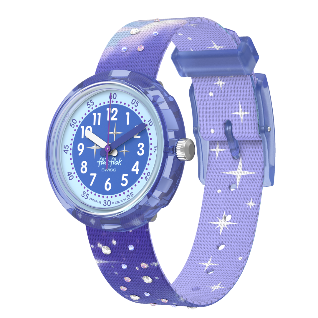 Orologio Flik Flak Mystic Clouds FPNP158 con cassa in bioplastica violetto e cinturino in PET riciclato viola.